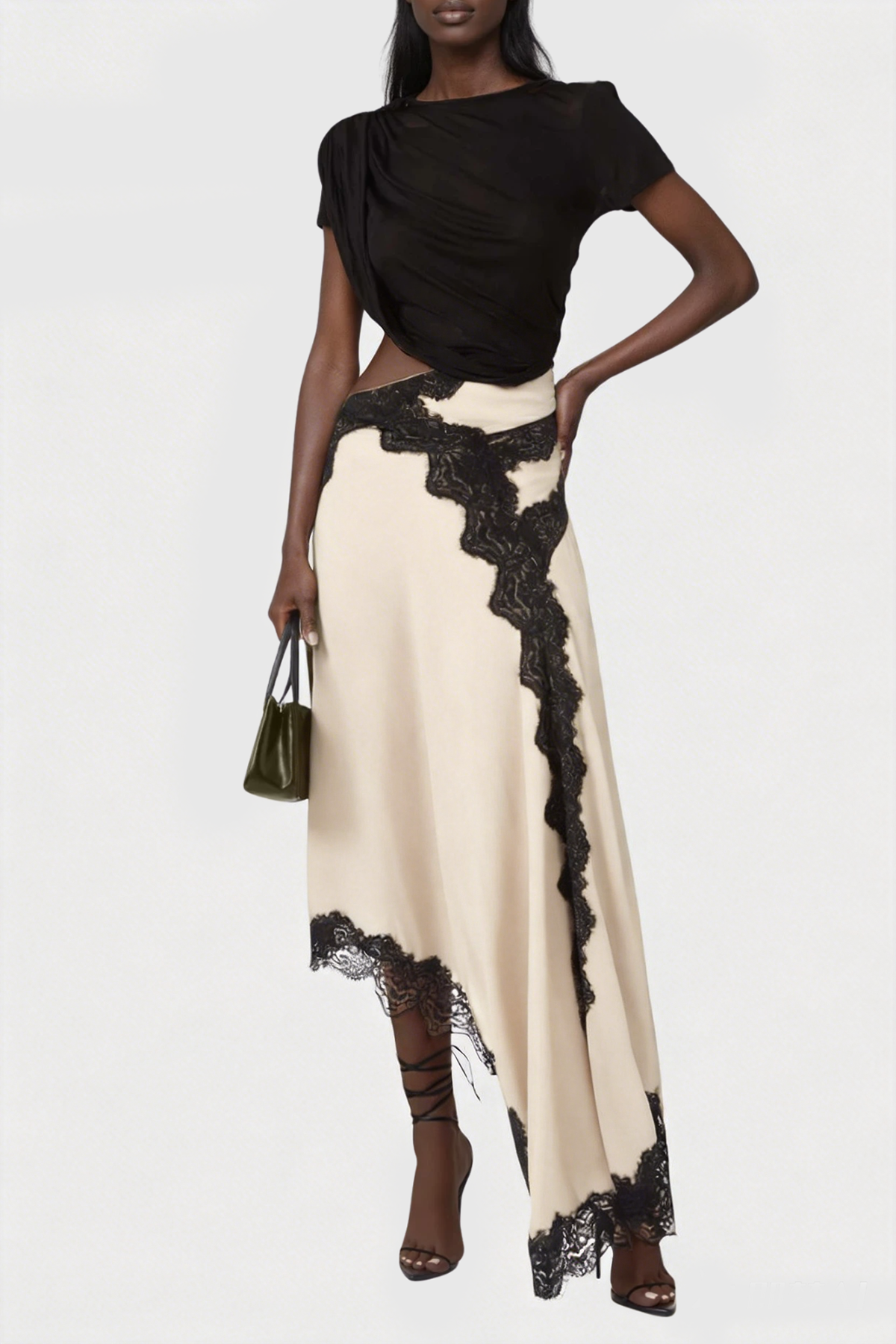 Bess Asymmetric Lace Satin Maxi Dress In Beige