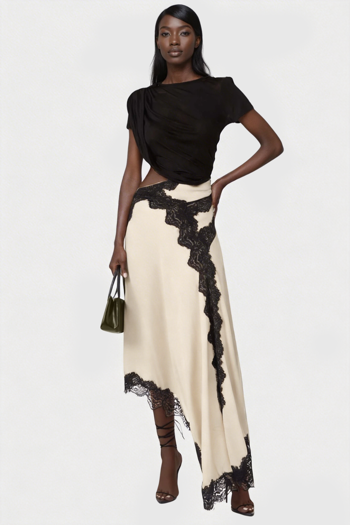 Bess Asymmetric Lace Satin Maxi Dress In Beige