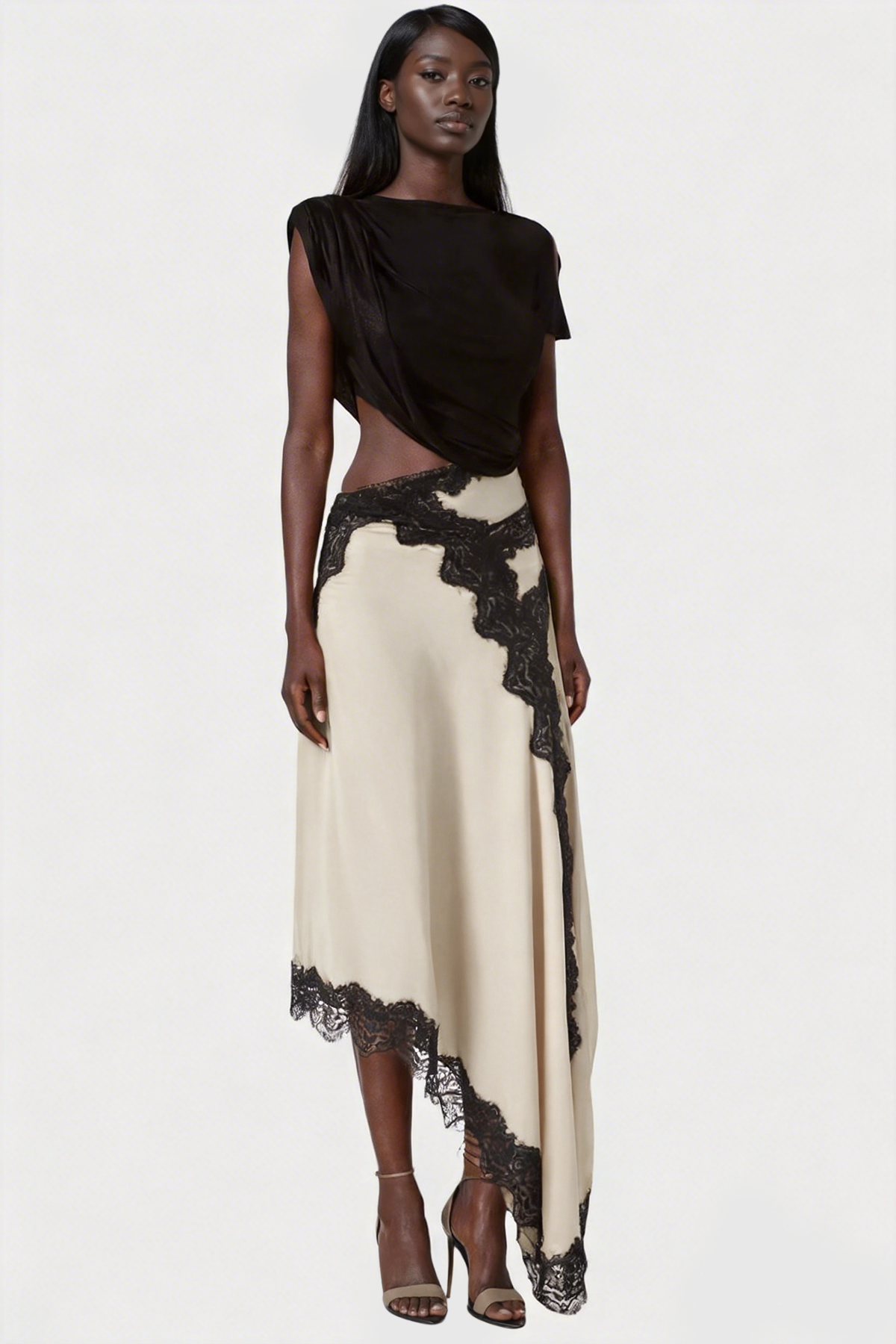 Bess Asymmetric Lace Satin Maxi Dress In Beige