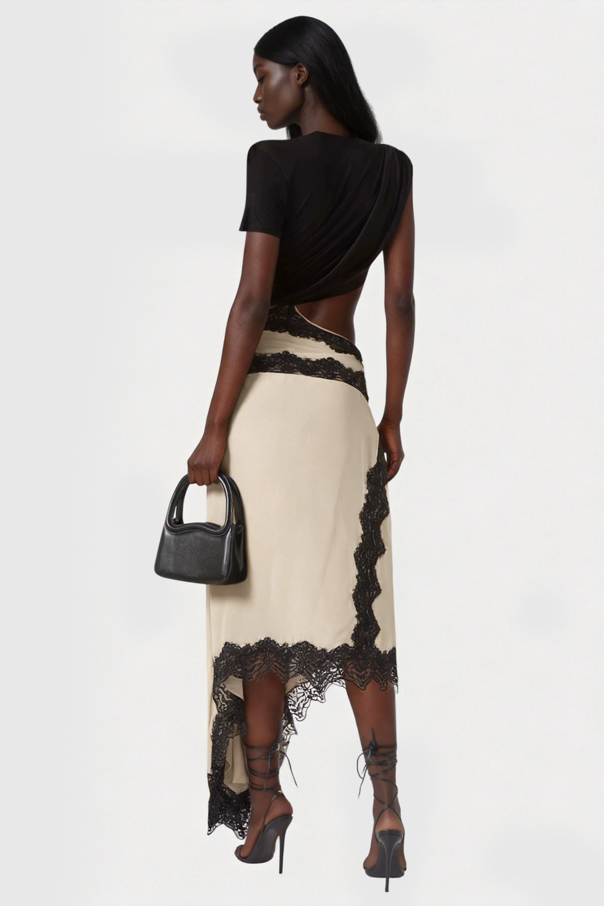 Bess Asymmetric Lace Satin Maxi Dress In Beige