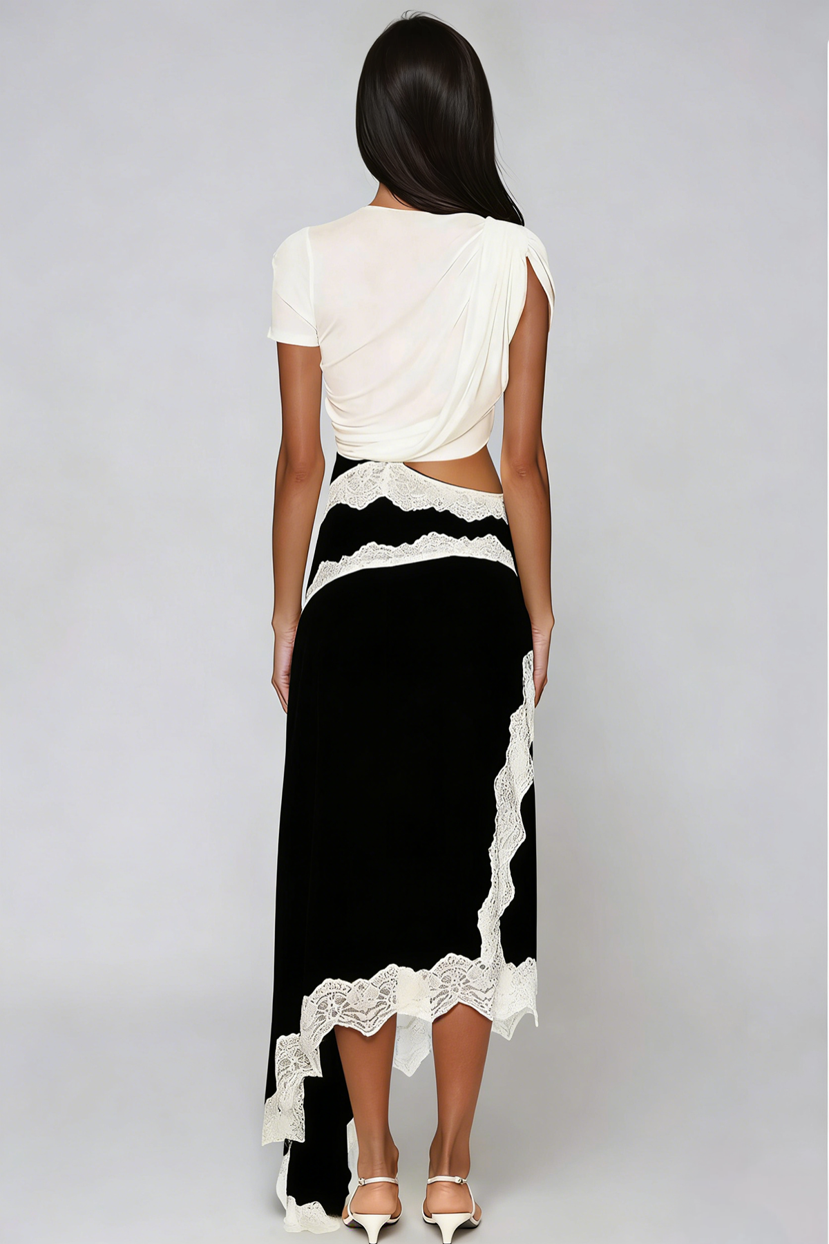 Bess Asymmetric Lace Satin Maxi Dress In Black