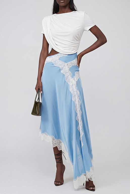 Bess Asymmetric Lace Satin Maxi Dress In Blue