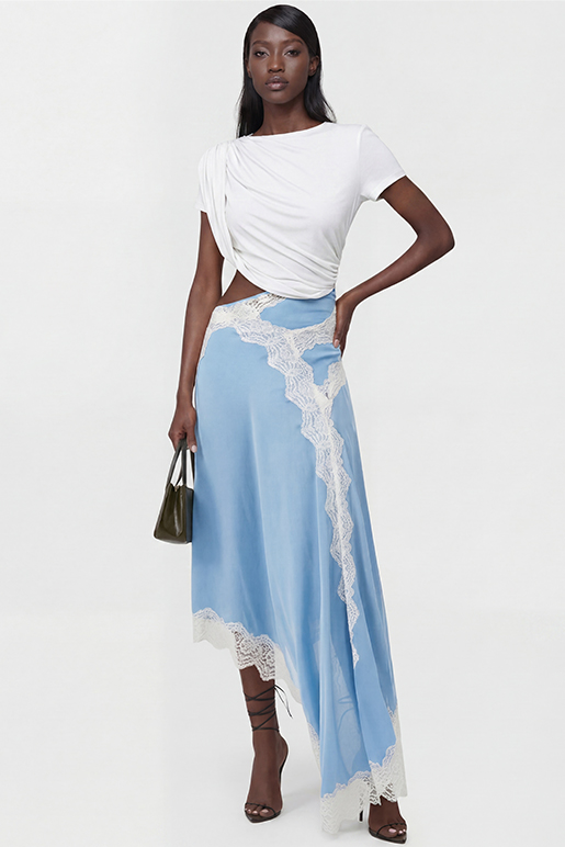 Bess Asymmetric Lace Satin Maxi Dress In Blue