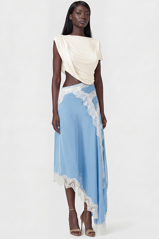 Bess Asymmetric Lace Satin Maxi Dress In Blue