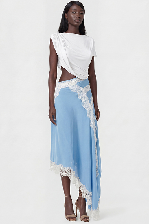 Bess Asymmetric Lace Satin Maxi Dress In Blue