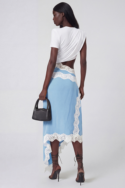 Bess Asymmetric Lace Satin Maxi Dress In Blue