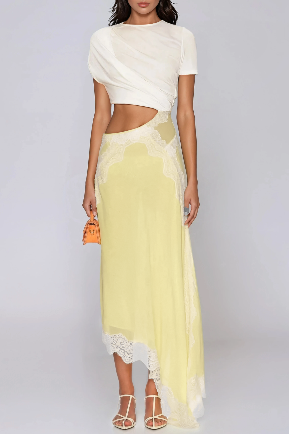 Bess Asymmetric Lace Satin Maxi Dress In Yellow