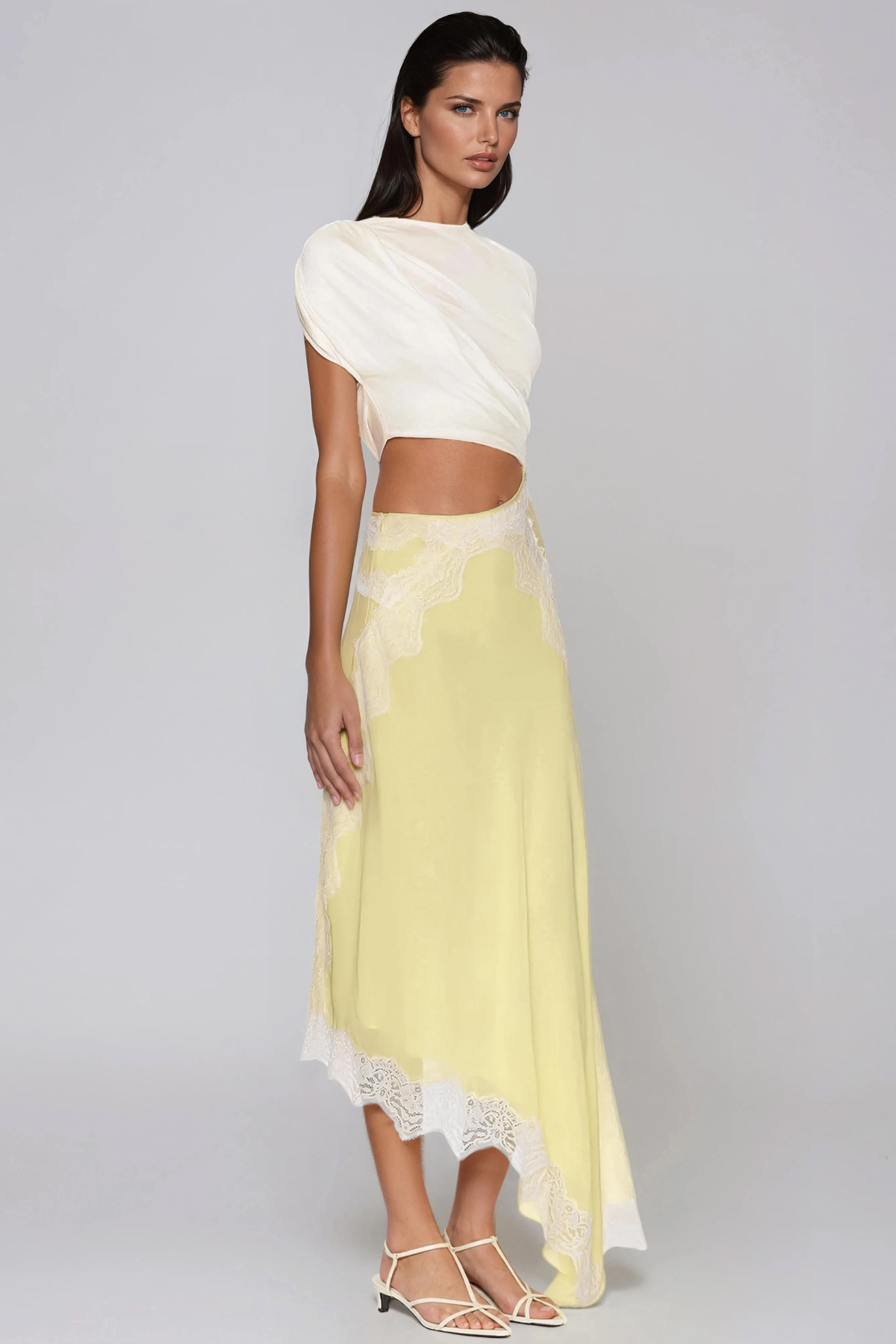 Bess Asymmetric Lace Satin Maxi Dress In Yellow