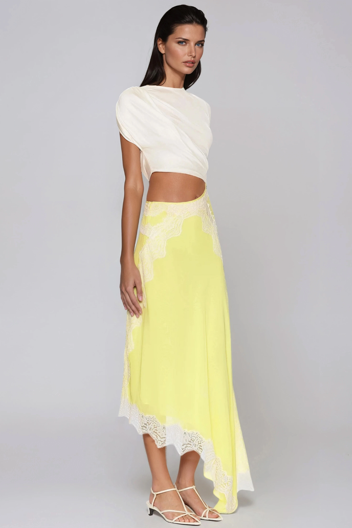 Bess Asymmetric Lace Satin Maxi Dress In Yellow
