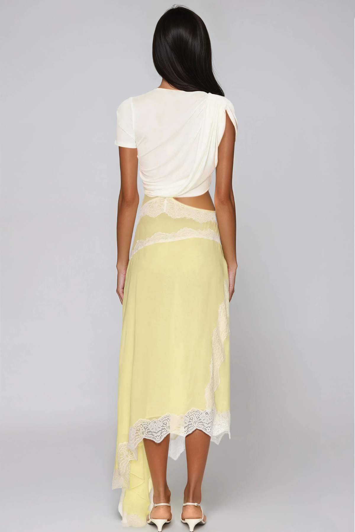 Bess Asymmetric Lace Satin Maxi Dress In Yellow