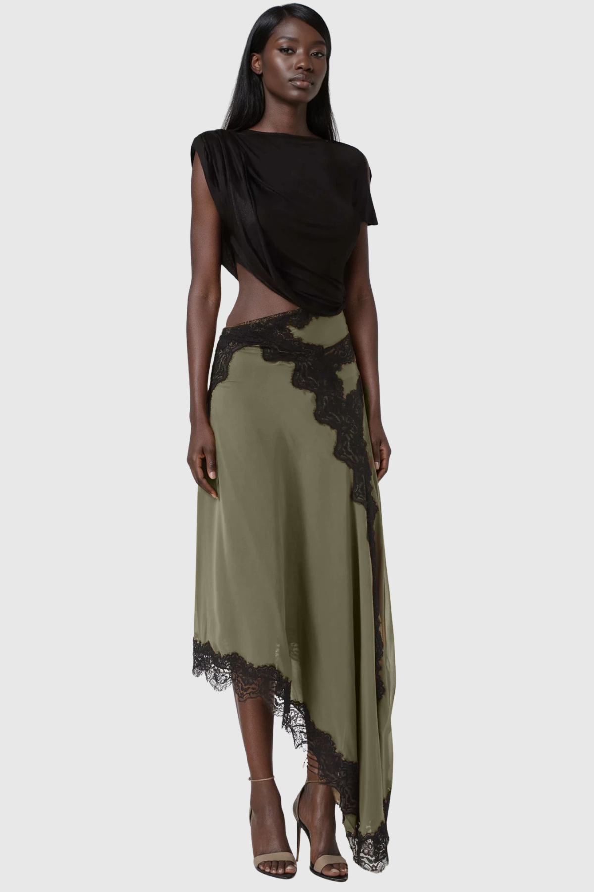 Bess Asymmetric Lace Satin Skirt Set