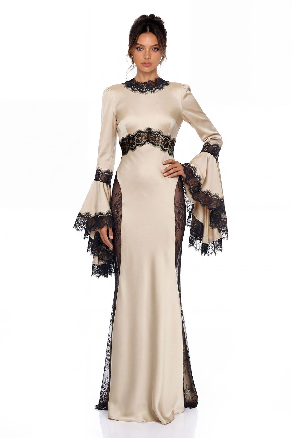 Bess Bell Sleeve Satin Lace Maxi Dress