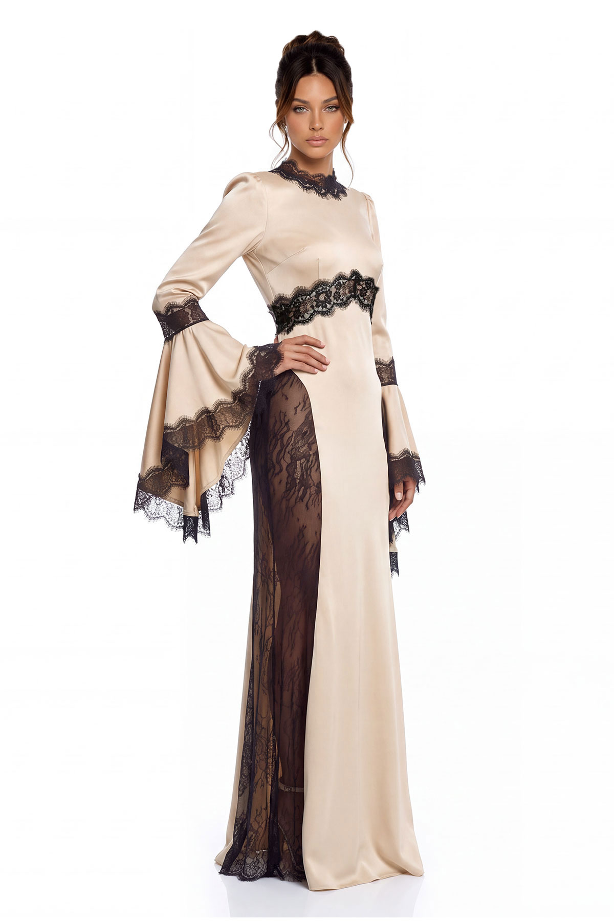 Bess Bell Sleeve Satin Lace Maxi Dress