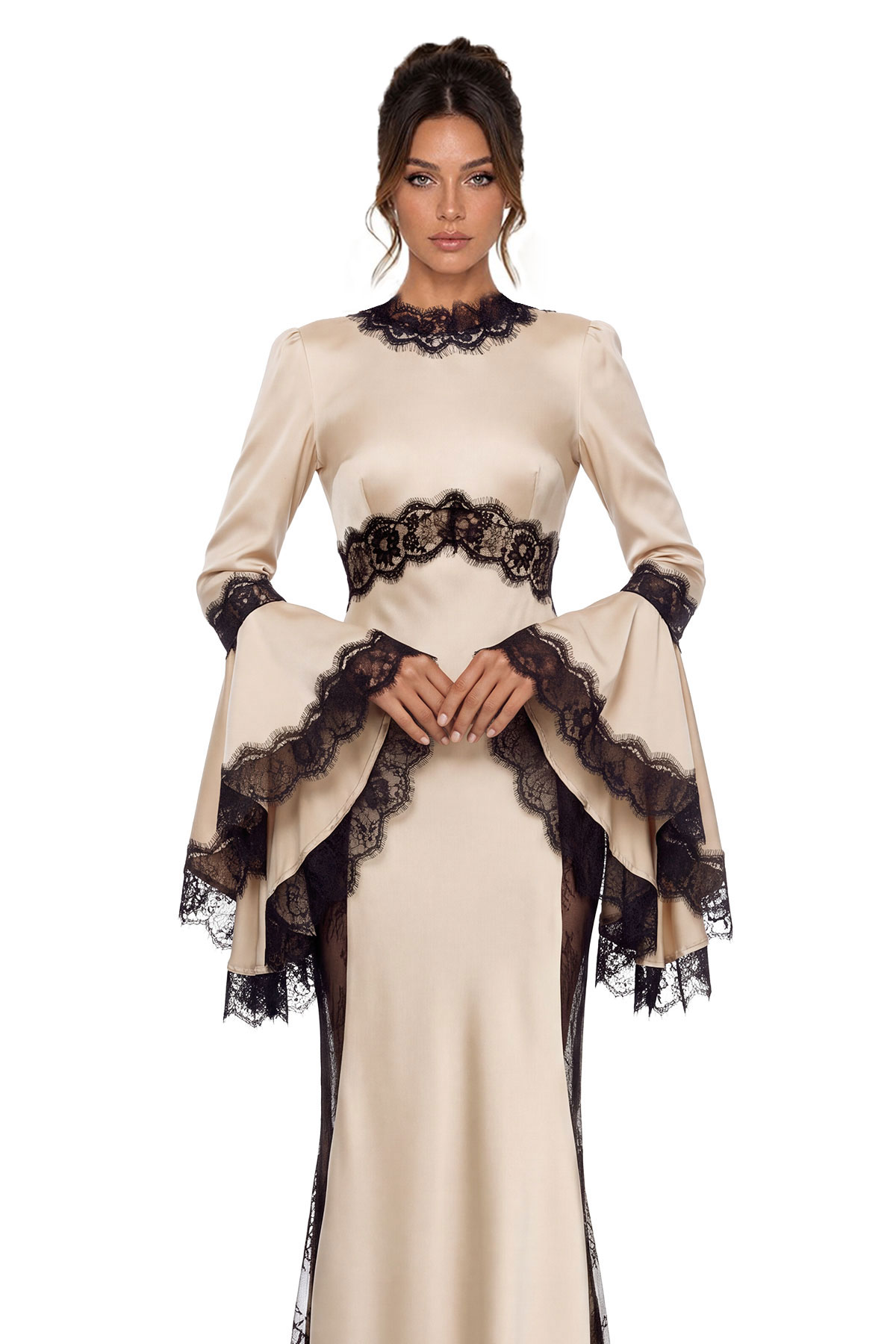 Bess Bell Sleeve Satin Lace Maxi Dress
