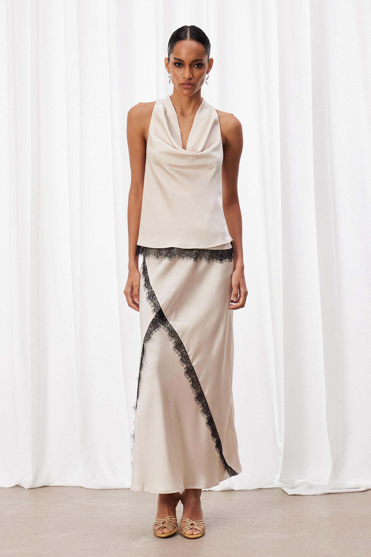Bess Cowl Neck Lace Skirt Set In Beige