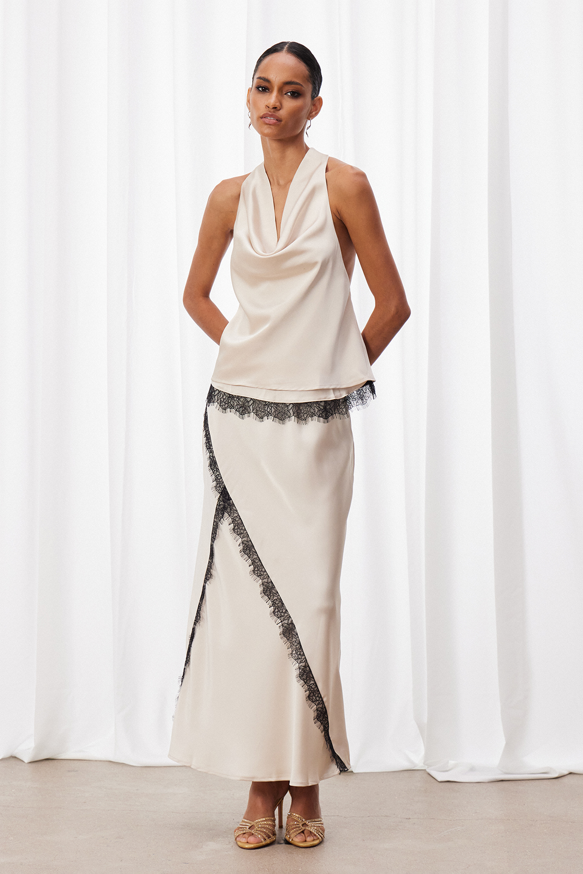 Bess Cowl Neck Lace Skirt Set In Beige