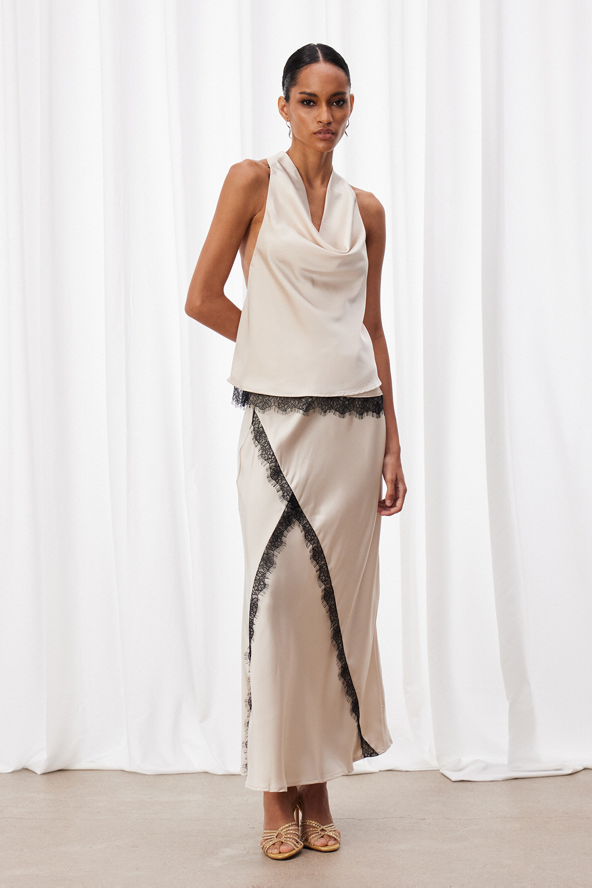 Bess Cowl Neck Lace Skirt Set In Beige