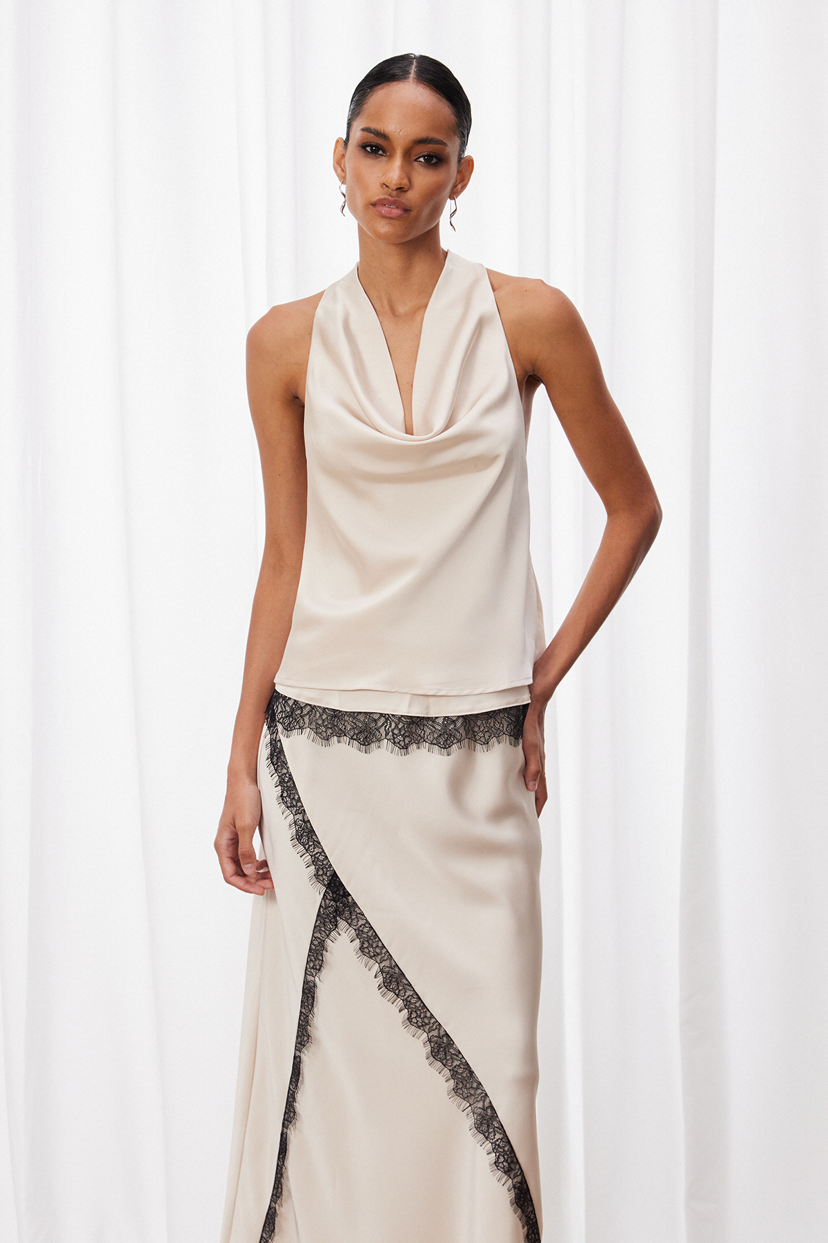 Bess Cowl Neck Lace Skirt Set In Beige