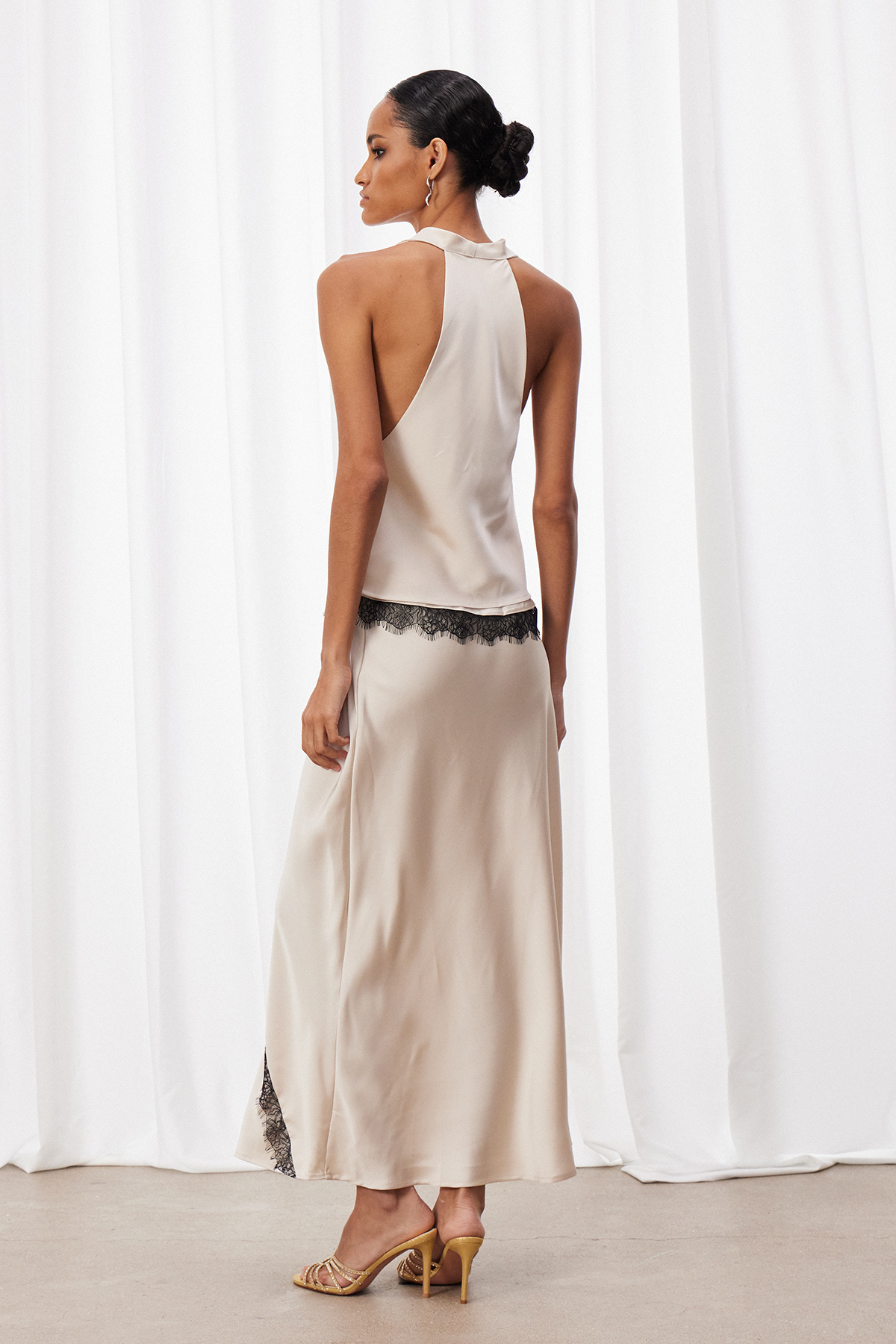 Bess Cowl Neck Lace Skirt Set In Beige