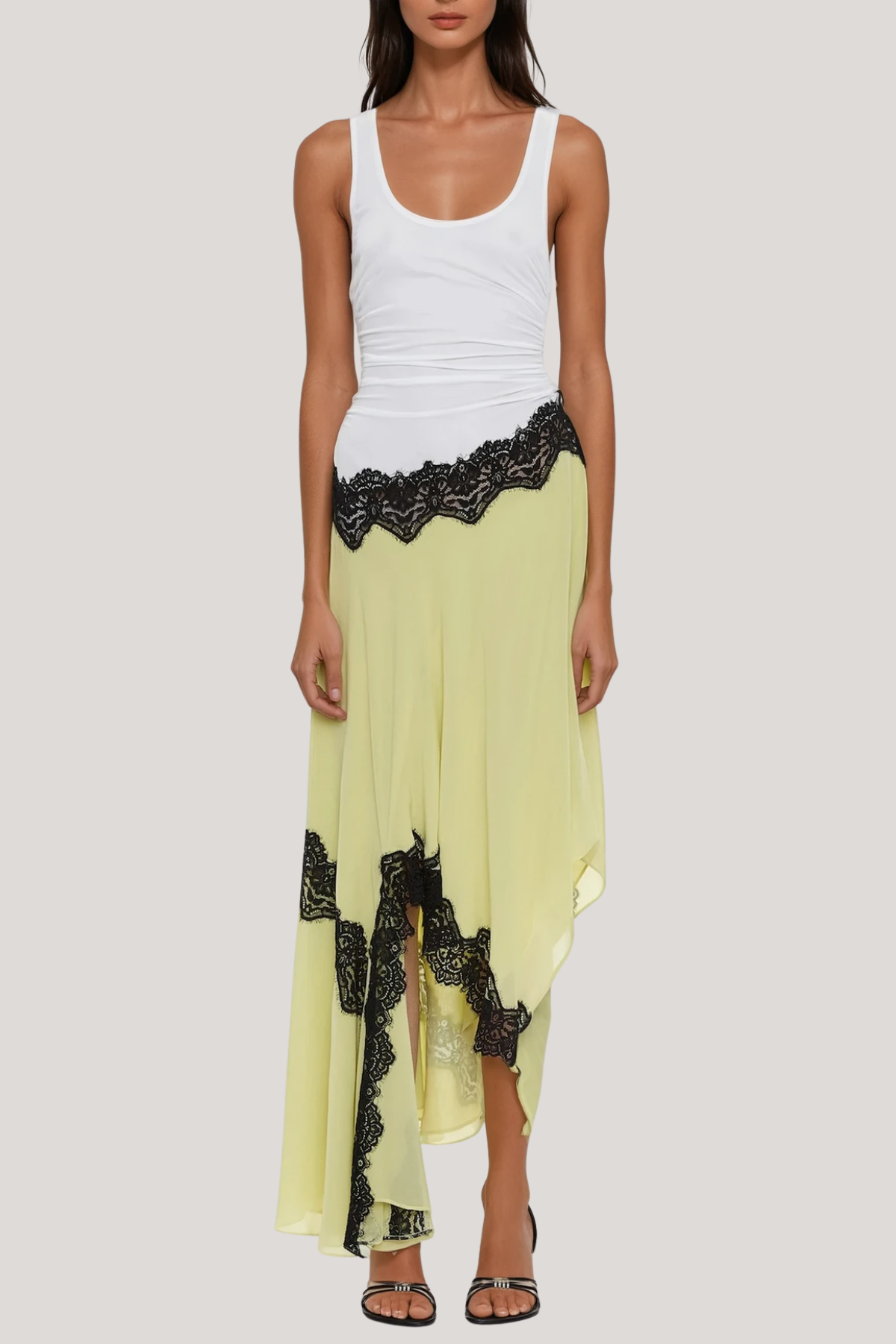 Bess Deconstruct Asymmetric Lace Midi Dress