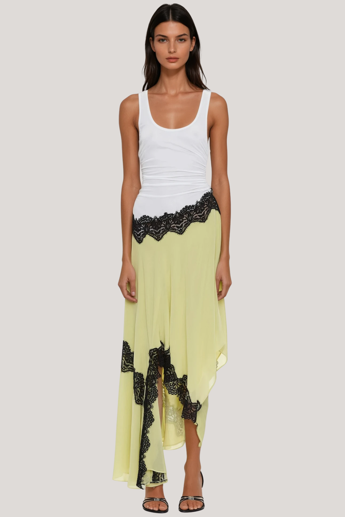 Bess Deconstruct Asymmetric Lace Midi Dress