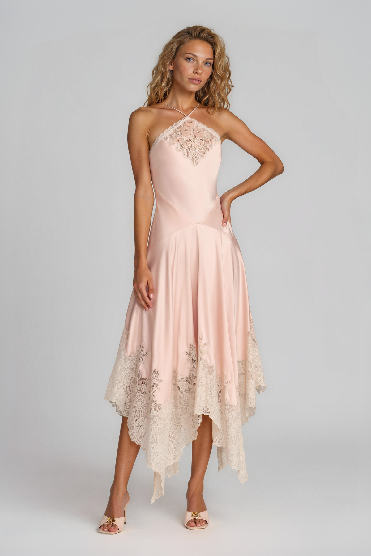 Bess Halter Neck Lace Satin Midi Dress
