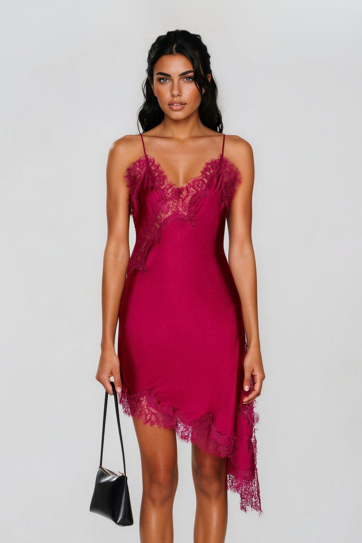 Bess Lace Asymmetric Mini Dress In Plum