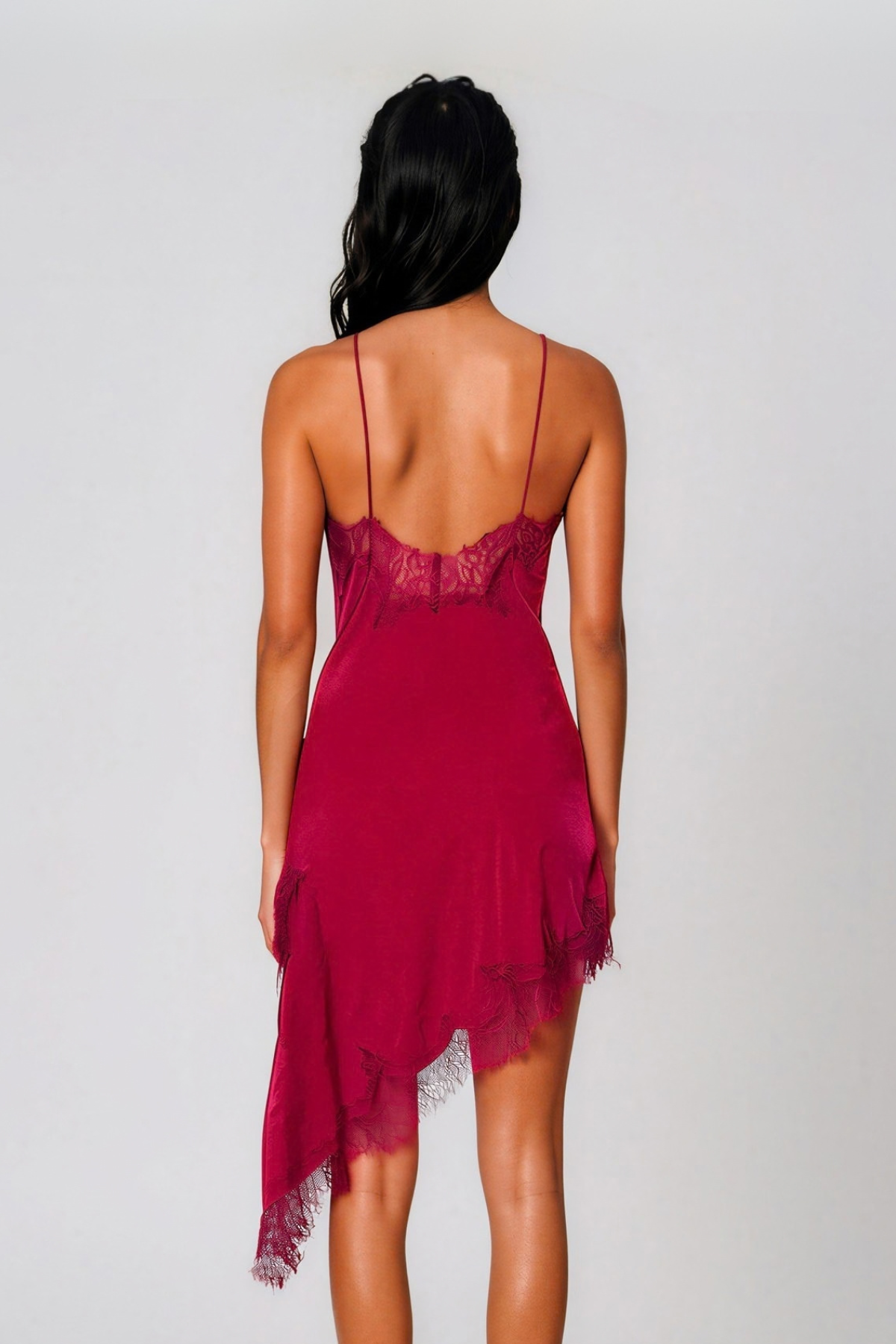 Bess Lace Asymmetric Mini Dress In Plum