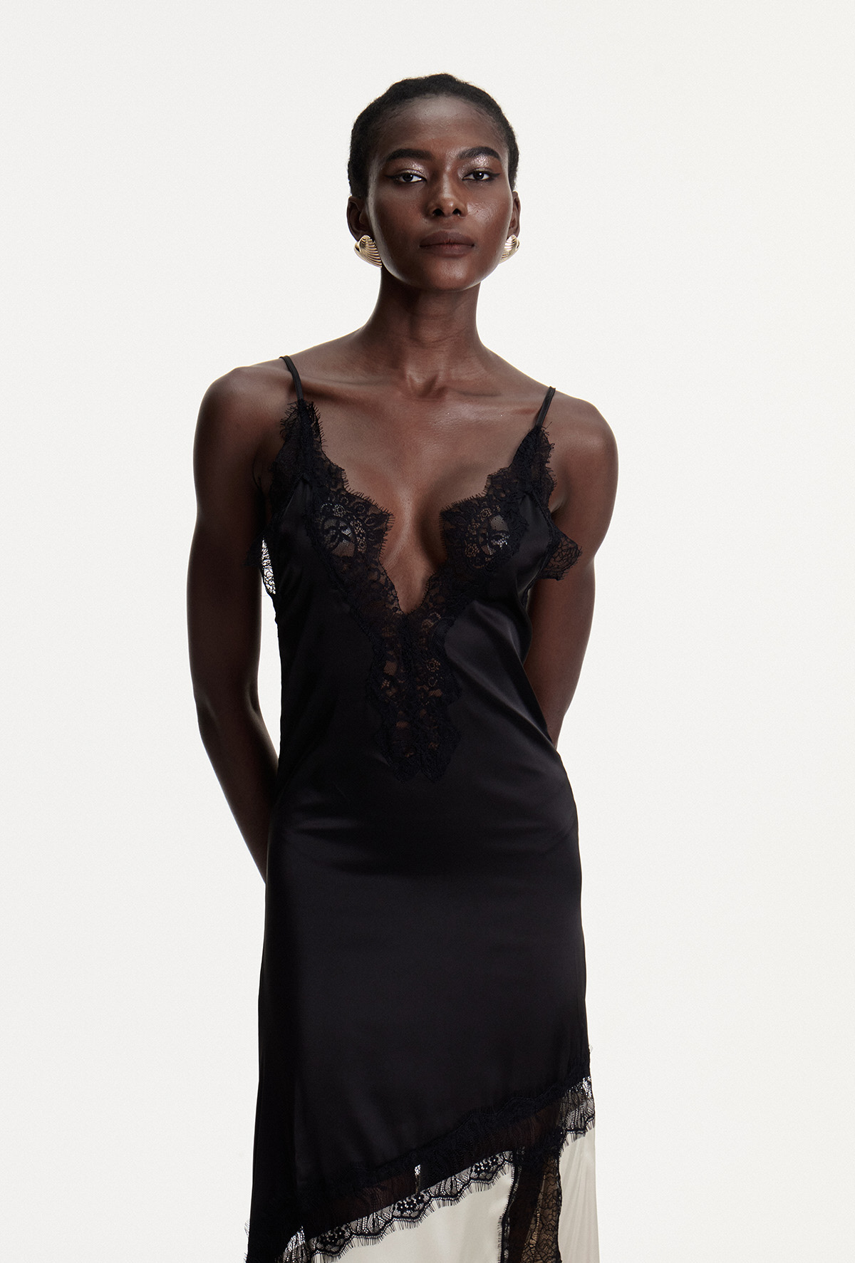 Bess Lace Plunge Satin Maxi Dress