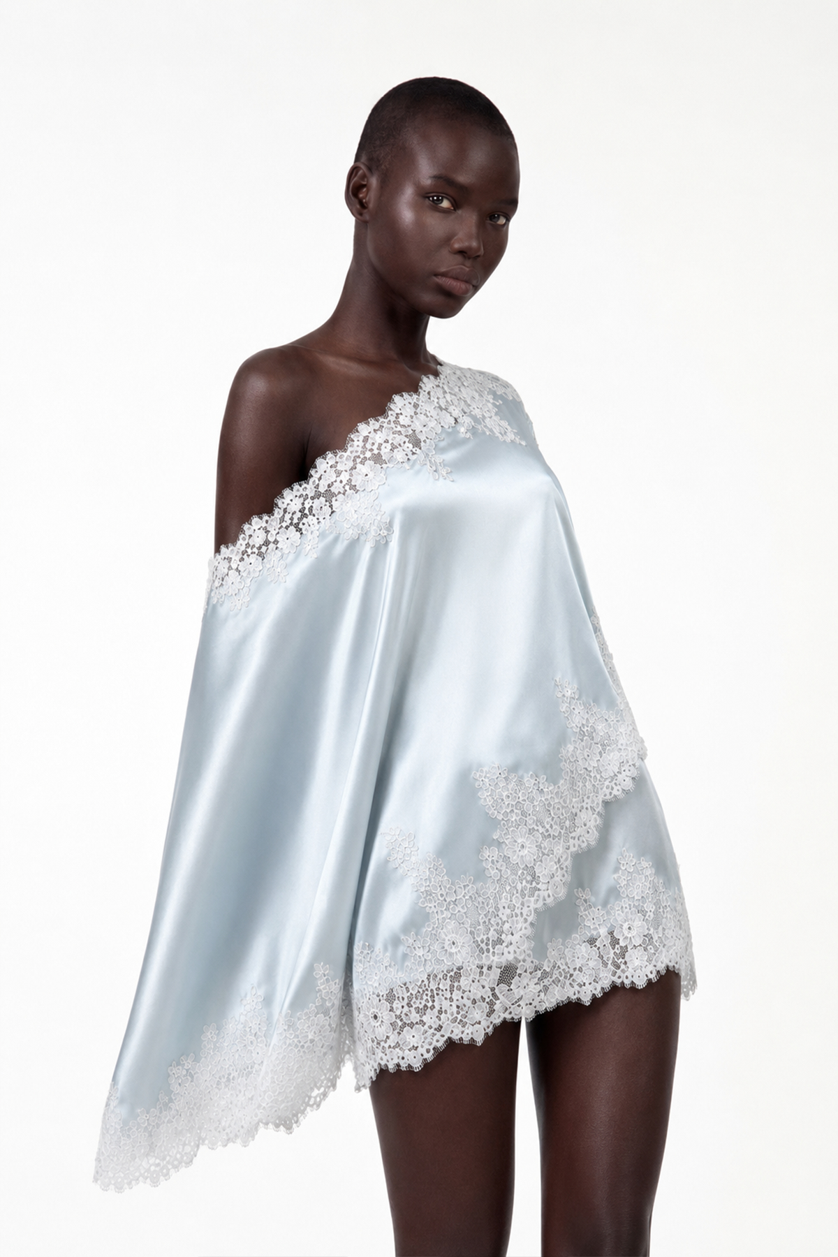 Bess One Shoulder Satin Lace Skirt Set In Blue