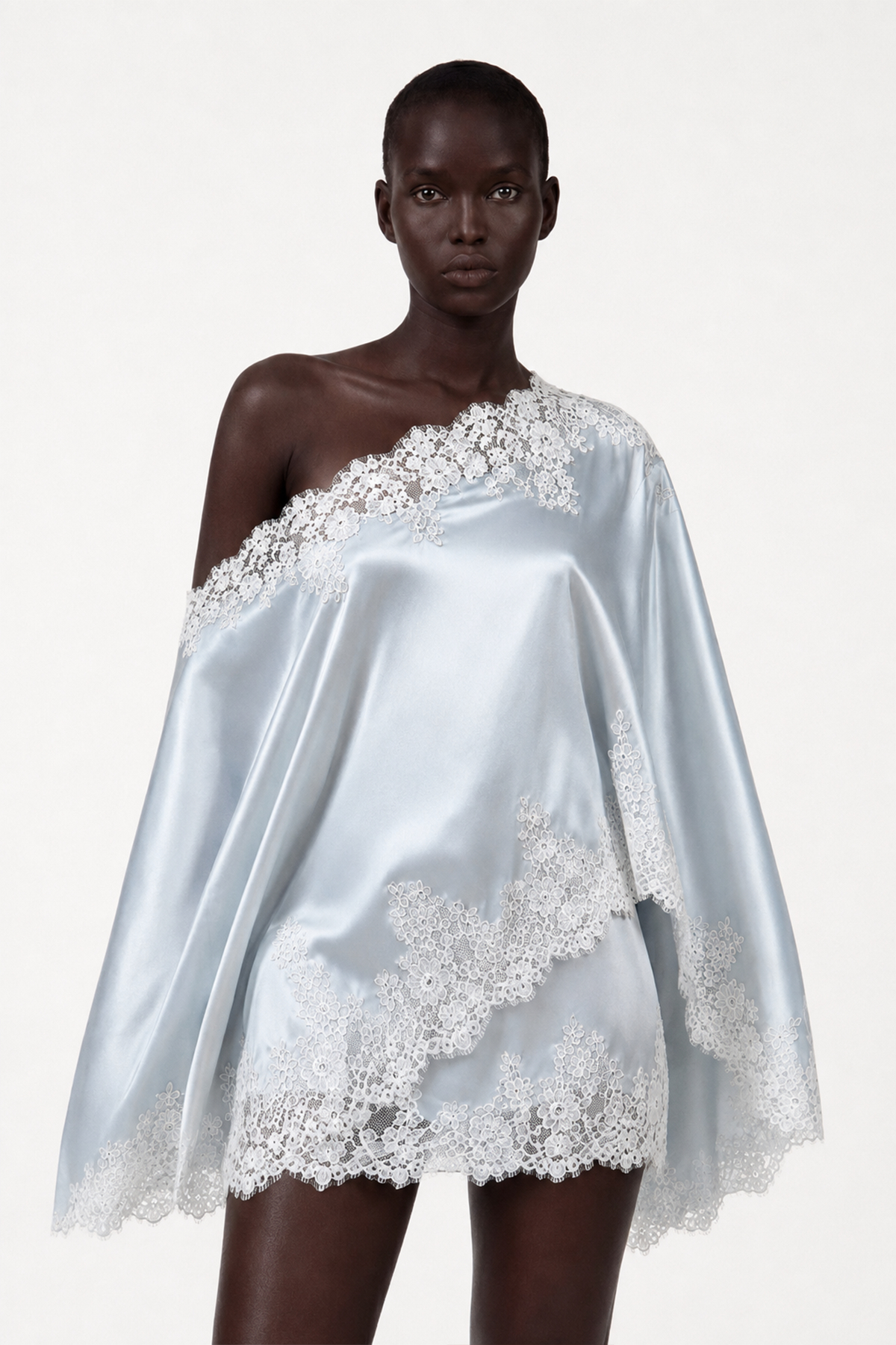 Bess One Shoulder Satin Lace Skirt Set In Blue