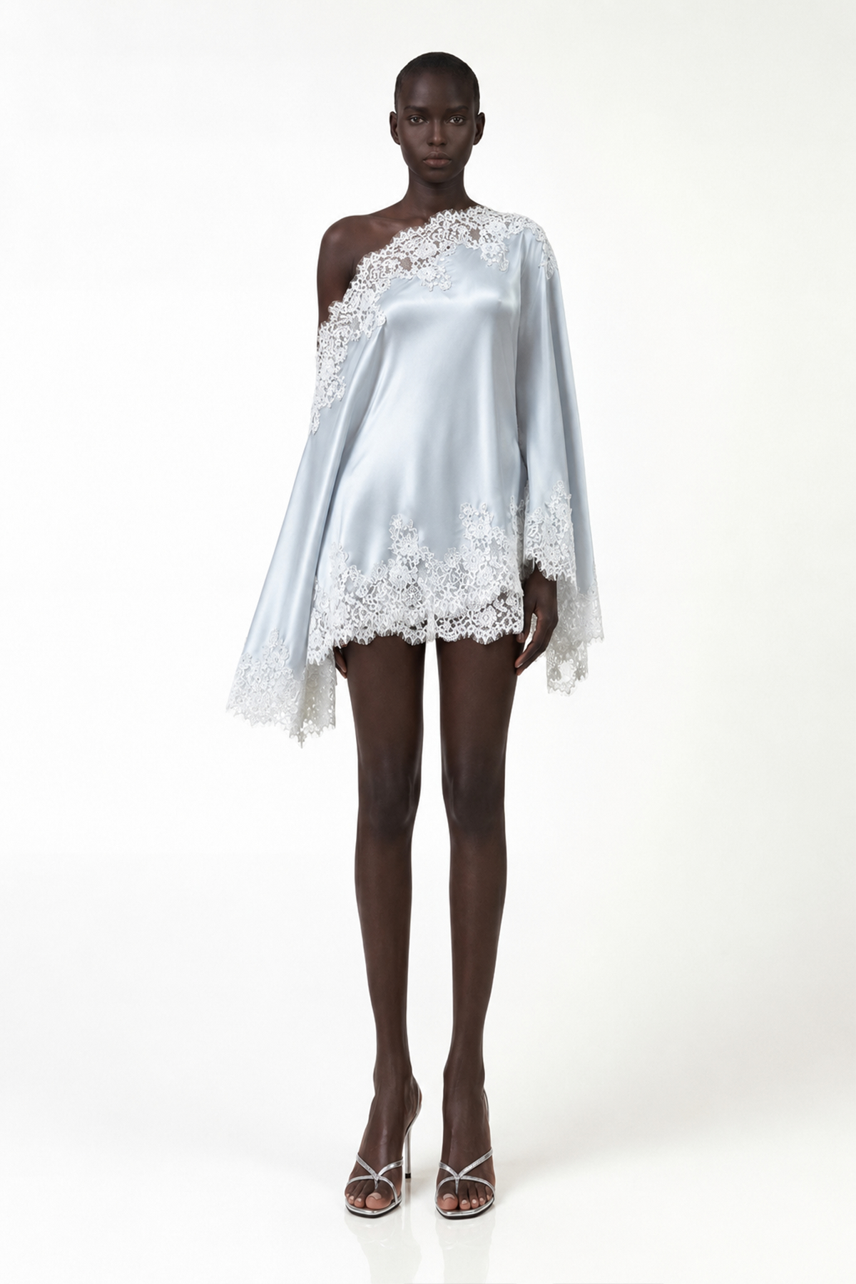 Bess One Shoulder Satin Lace Skirt Set In Blue