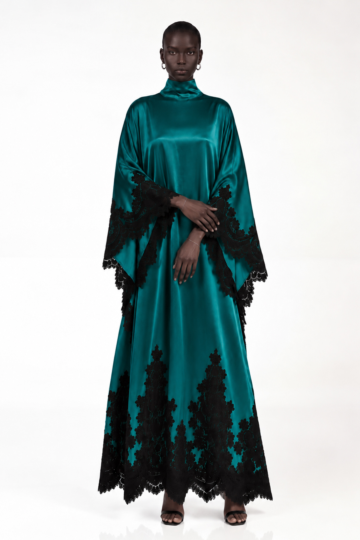 Ivonne Satin Lace Maxi Dress In Emerald