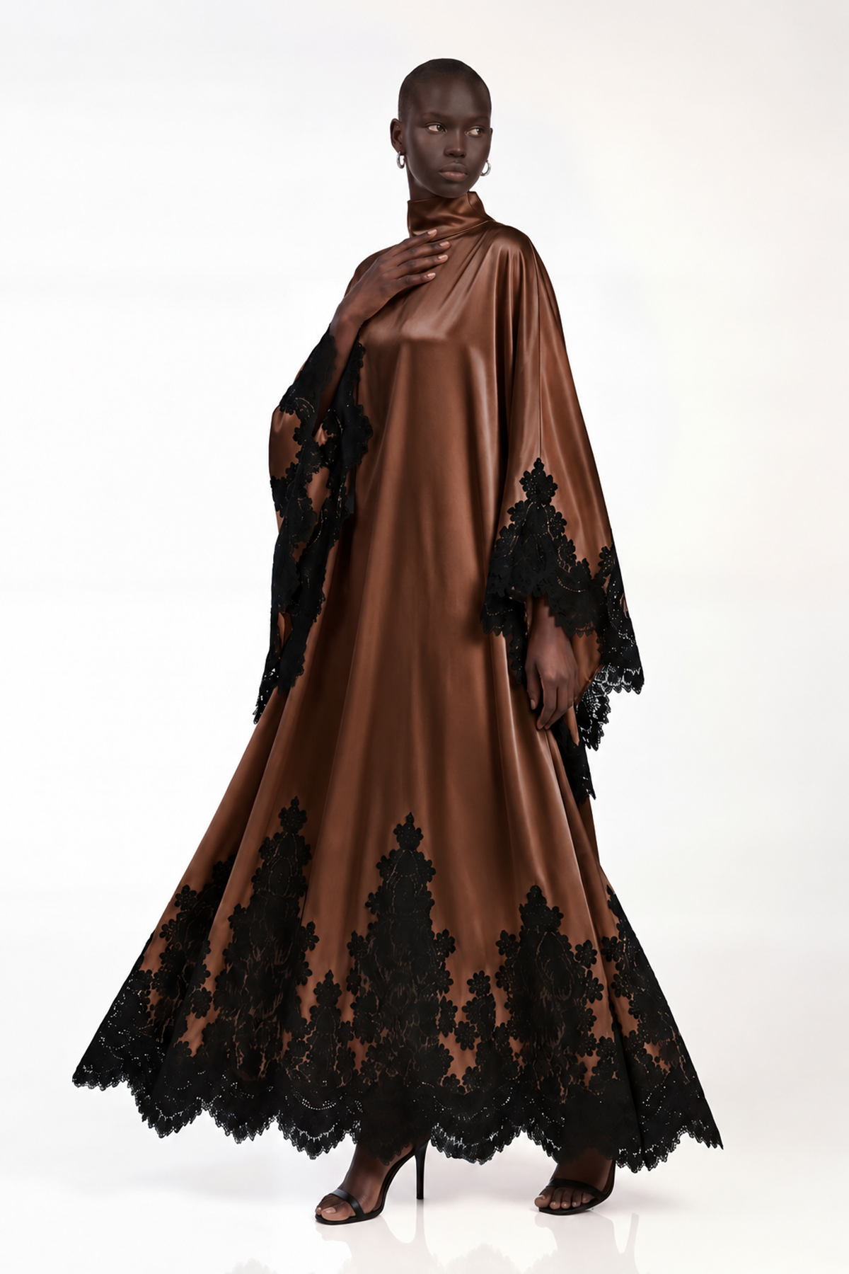 Bess Satin Lace Maxi Dress In Chocolate