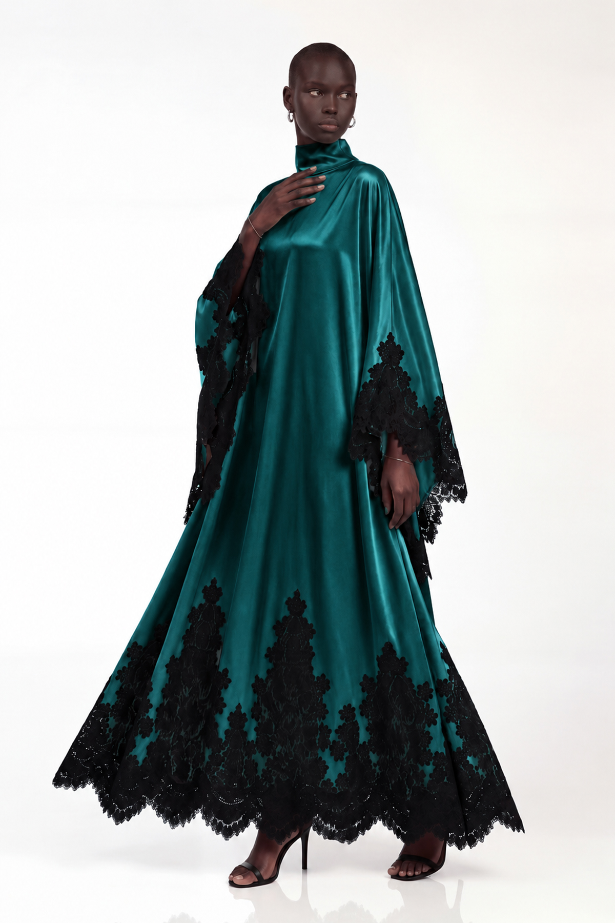 Bess Satin Lace Maxi Dress In Emerald