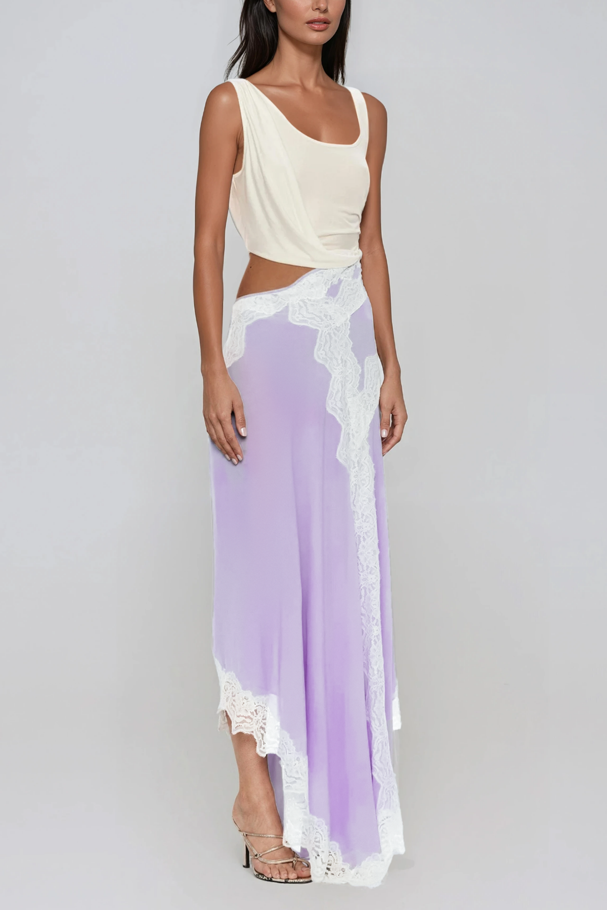 Bess Sleeveless Asymmetric Lace Maxi Dress