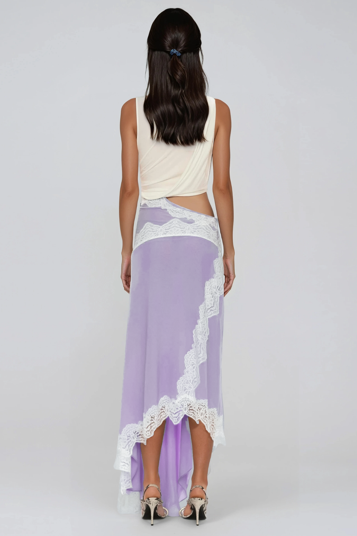Bess Sleeveless Asymmetric Lace Maxi Dress