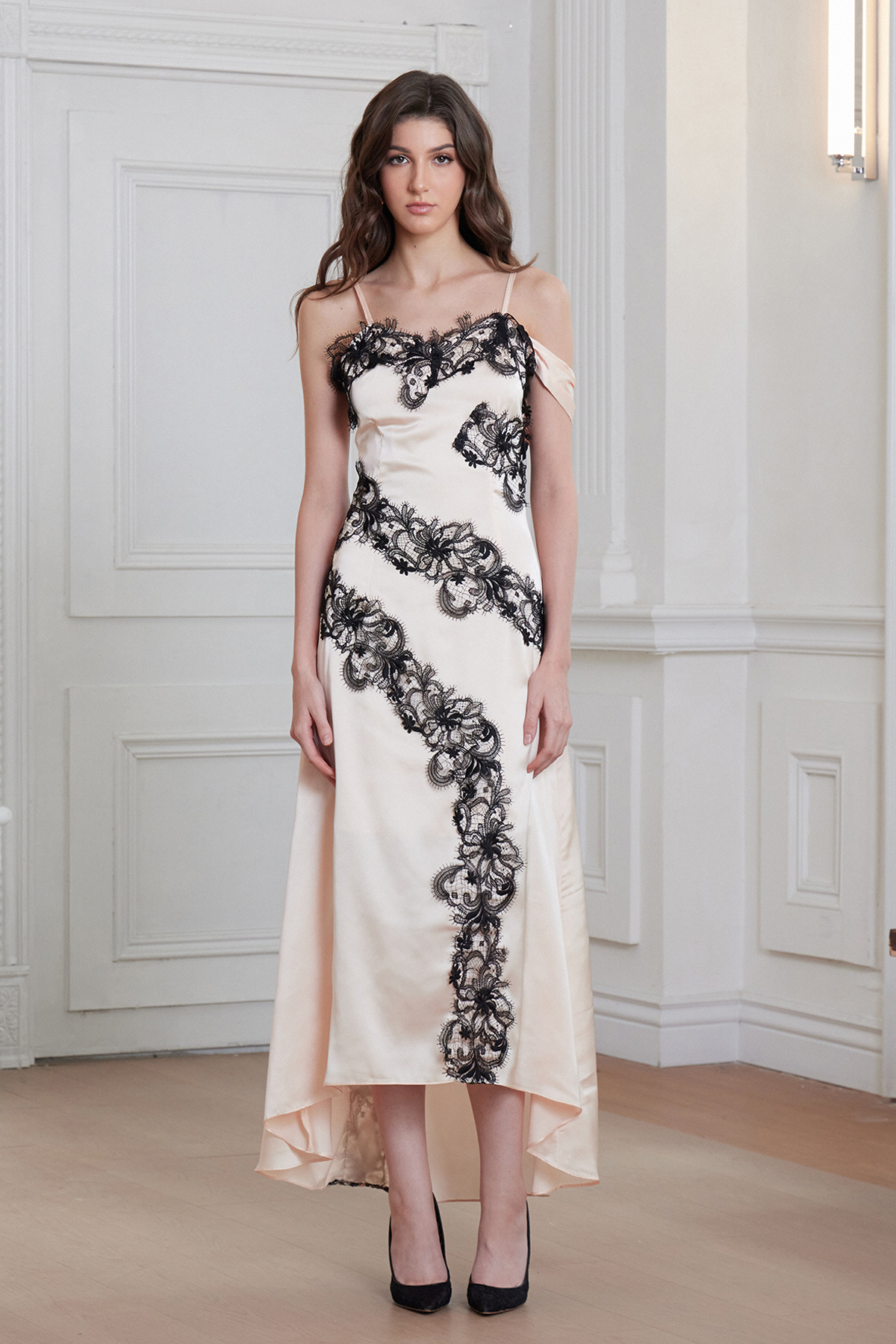 Bess Spaghetti Asymmetric Lace Satin Maxi Dress