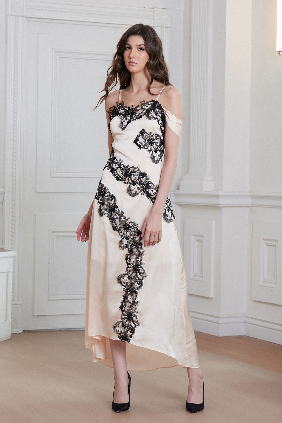 Bess Spaghetti Asymmetric Lace Satin Maxi Dress