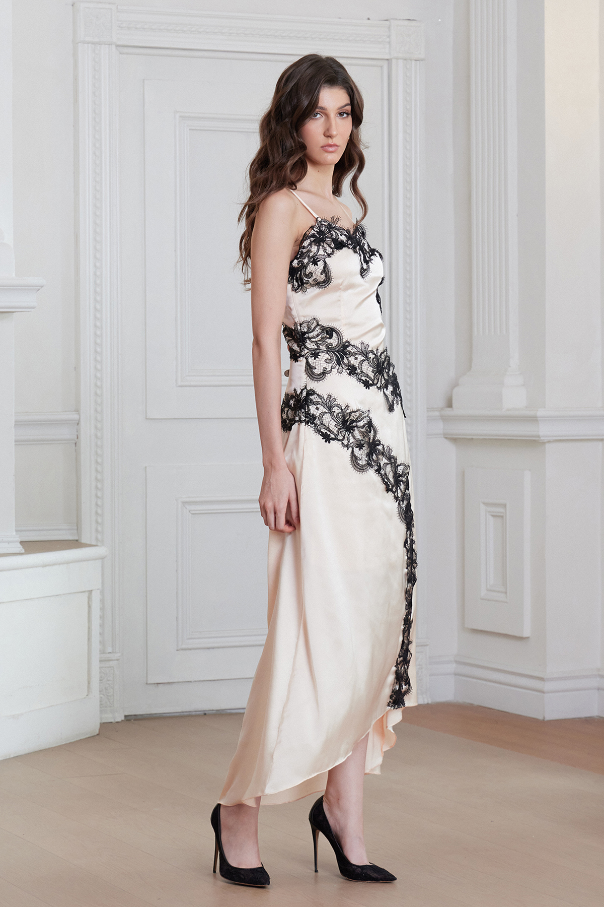 Bess Spaghetti Asymmetric Lace Satin Maxi Dress