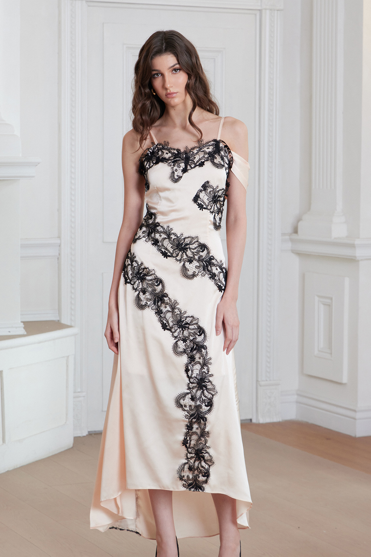 Bess Spaghetti Asymmetric Lace Satin Maxi Dress