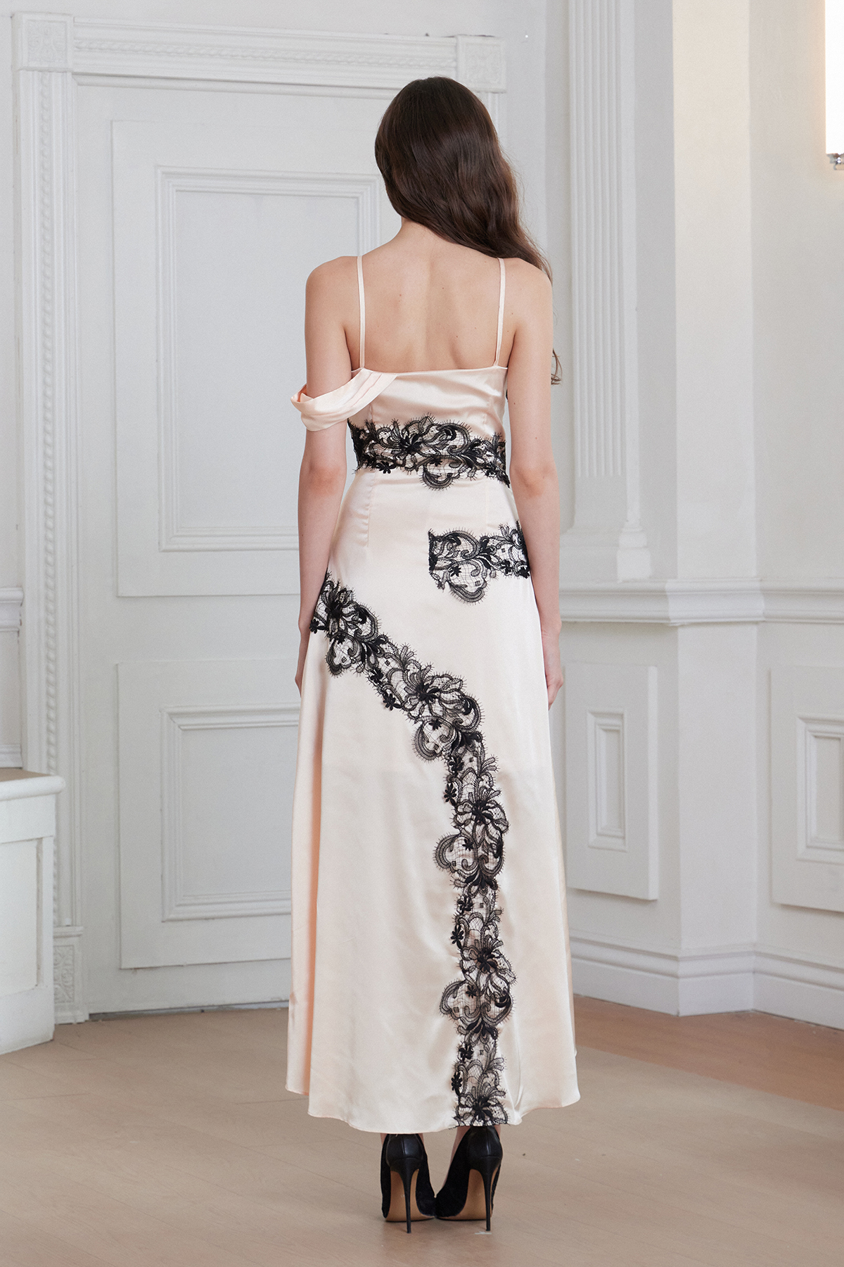 Bess Spaghetti Asymmetric Lace Satin Maxi Dress