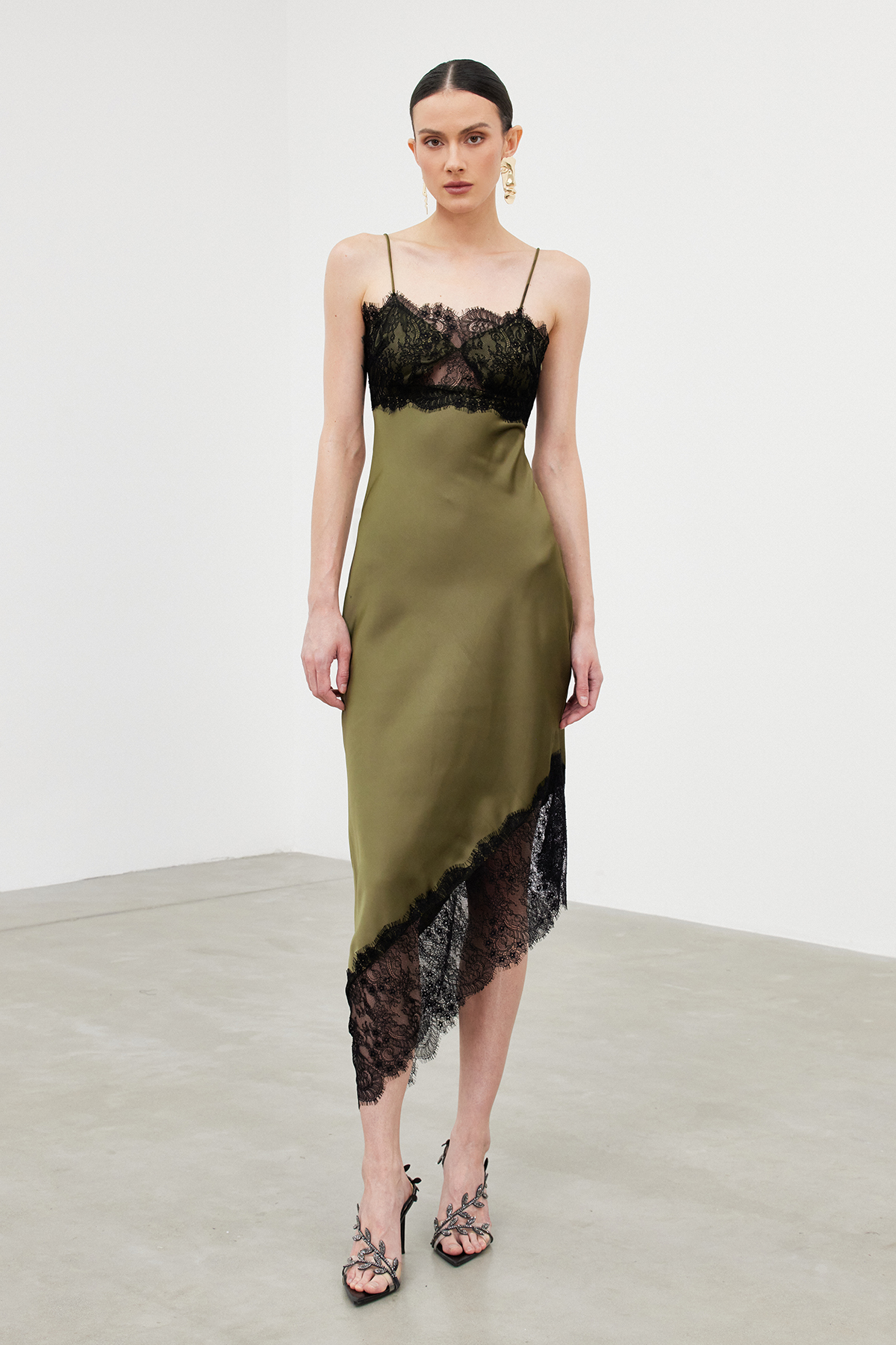Bess Spaghetti Lace Asymmetric Midi Dress