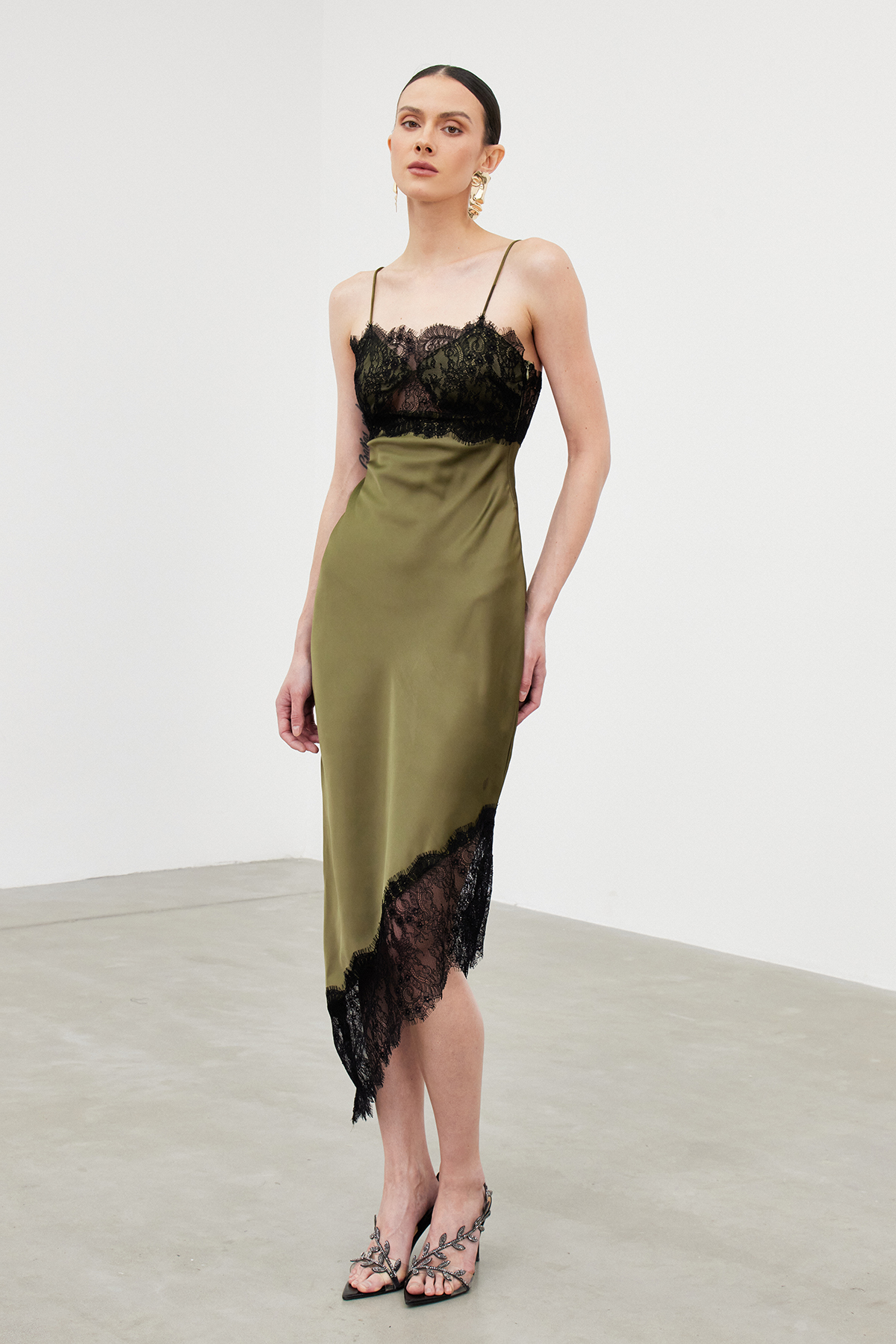 Bess Spaghetti Lace Asymmetric Midi Dress