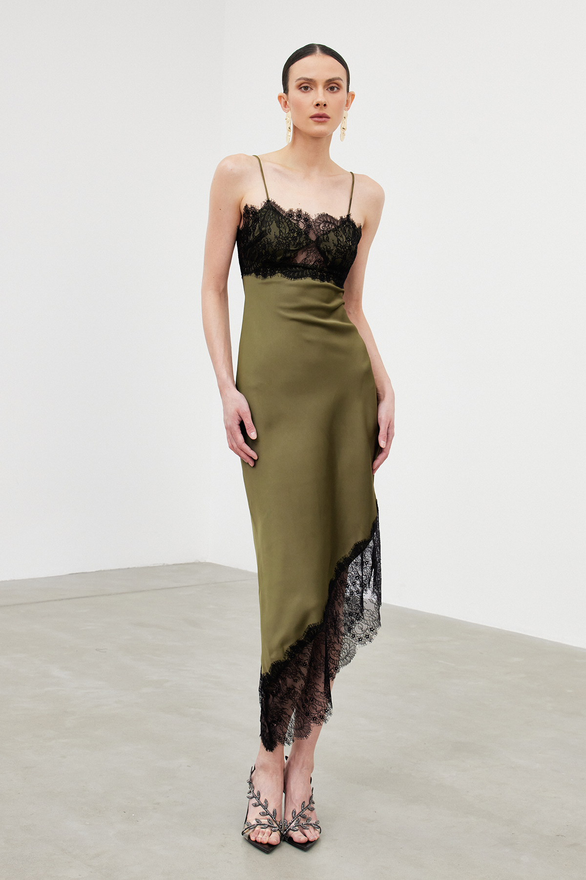 Bess Spaghetti Lace Asymmetric Midi Dress