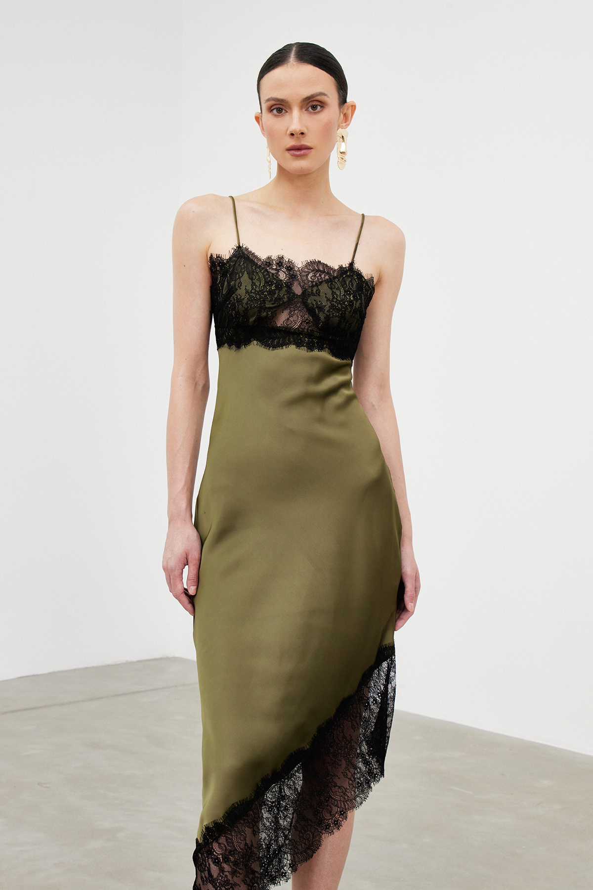 Bess Spaghetti Lace Asymmetric Midi Dress