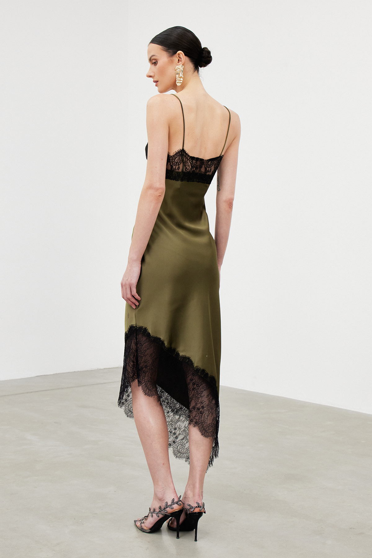Bess Spaghetti Lace Asymmetric Midi Dress