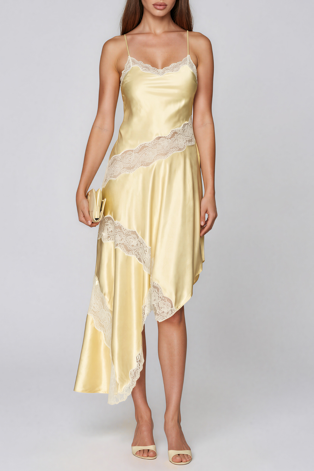 Bess Spaghetti Lace Satin Asymmetric Maxi Dress