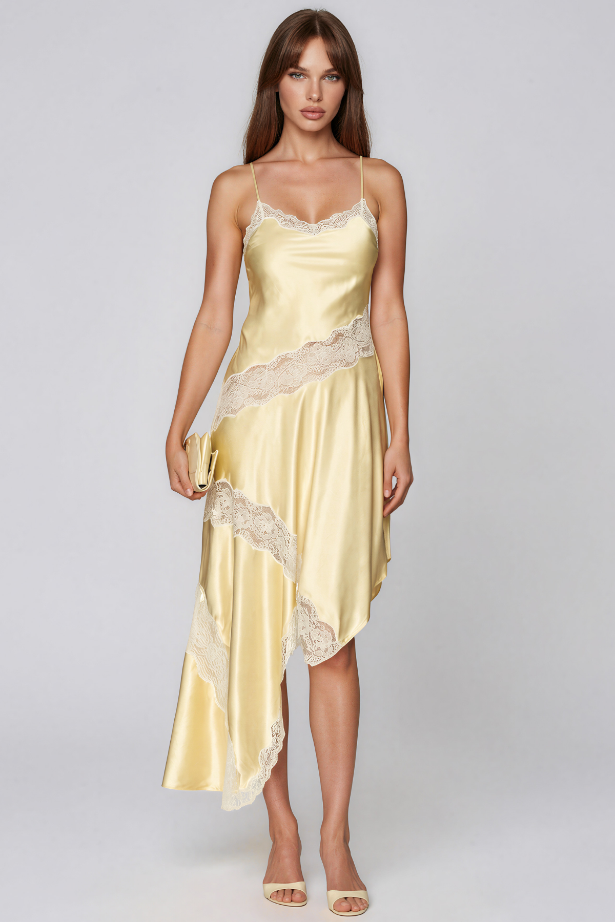 Bess Spaghetti Lace Satin Asymmetric Maxi Dress
