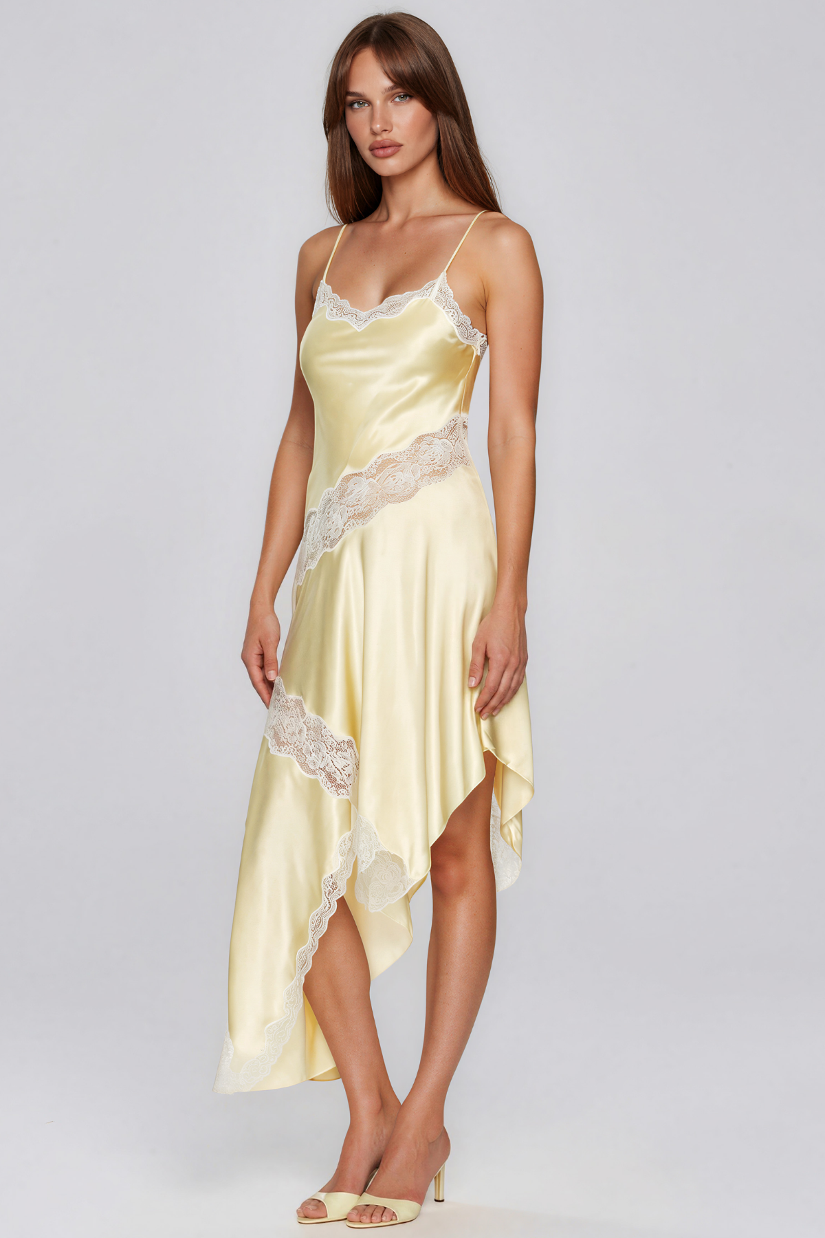 Bess Spaghetti Lace Satin Asymmetric Maxi Dress